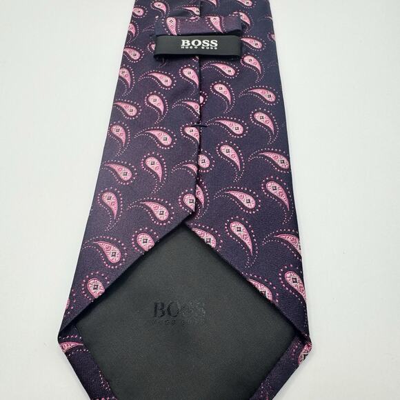 Hugo Boss Paisley Silk Tie Made in Italy 60” x 3.5” Navy/Pink - Picture 3 of 4